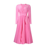 V-Neck Chic Elegant Slim Waist Belted Pleated High Waist Plus Size Dress
