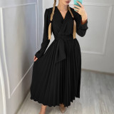 V-Neck Chic Elegant Slim Waist Belted Pleated High Waist Plus Size Dress