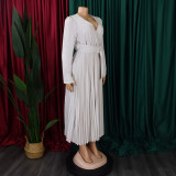 V-Neck Chic Elegant Slim Waist Belted Pleated High Waist Plus Size Dress