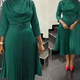 Autumn Women's Fashion African Plus Size Solid Color Pleated Dress