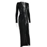 Sexy Chic V-Neck Long Sleeve Patchwork Pleated Leather Dress
