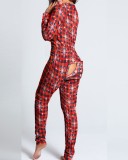 Autumn And Winter Button Flip Adult Pajamas Printed Christmas Long-Sleeved Home Clothes Jumpsuit