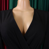 V-Neck Chic Elegant Slim Waist Belted Pleated High Waist Plus Size Dress