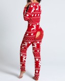 Autumn And Winter Button Flip Adult Pajamas Printed Christmas Long-Sleeved Home Clothes Jumpsuit