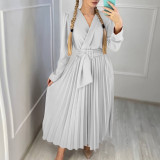 V-Neck Chic Elegant Slim Waist Belted Pleated High Waist Plus Size Dress