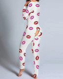 Autumn And Winter Button Flip Adult Pajamas Printed Christmas Long-Sleeved Home Clothes Jumpsuit