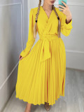 V-Neck Chic Elegant Slim Waist Belted Pleated High Waist Plus Size Dress