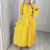 V-Neck Chic Elegant Slim Waist Belted Pleated High Waist Plus Size Dress