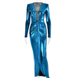 Sexy Chic V-Neck Long Sleeve Patchwork Pleated Leather Dress
