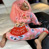 Autumn And Winter Women's Cartoon Pattern Printed Contrast Color Zipper Jumpsuit Home Pajamas