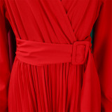 V-Neck Chic Elegant Slim Waist Belted Pleated High Waist Plus Size Dress