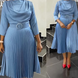 Autumn Women's Fashion African Plus Size Solid Color Pleated Dress