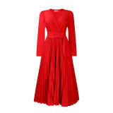 V-Neck Chic Elegant Slim Waist Belted Pleated High Waist Plus Size Dress