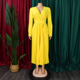 V-Neck Chic Elegant Slim Waist Belted Pleated High Waist Plus Size Dress