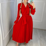 V-Neck Chic Elegant Slim Waist Belted Pleated High Waist Plus Size Dress