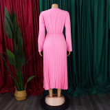 V-Neck Chic Elegant Slim Waist Belted Pleated High Waist Plus Size Dress