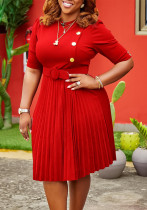 Women's Autumn And Winter African Chic Solid Color Button Pleateddress Women's Autumn And Winter African Chic Solid Color Button Pleateddress