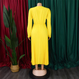 V-Neck Chic Elegant Slim Waist Belted Pleated High Waist Plus Size Dress