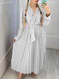 V-Neck Chic Elegant Slim Waist Belted Pleated High Waist Plus Size Dress