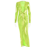 Sexy Chic V-Neck Long Sleeve Patchwork Pleated Leather Dress