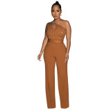 Women's Style Fashionable Solid Color Jumpsuit Slim One Shoulder One Piece Wide Leg Pants