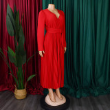 V-Neck Chic Elegant Slim Waist Belted Pleated High Waist Plus Size Dress