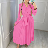 V-Neck Chic Elegant Slim Waist Belted Pleated High Waist Plus Size Dress