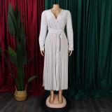 V-Neck Chic Elegant Slim Waist Belted Pleated High Waist Plus Size Dress