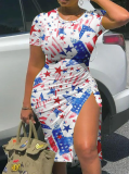 Sexy Stars And Stripes Print Short Sleeve Drawstring Irregular Casual Dress