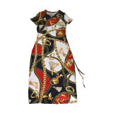 Sexy Chain Print Short Sleeve Drawstring Irregular Casual Dress