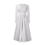V-Neck Chic Elegant Slim Waist Belted Pleated High Waist Plus Size Dress
