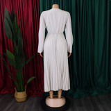 V-Neck Chic Elegant Slim Waist Belted Pleated High Waist Plus Size Dress