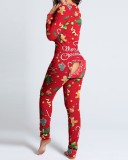 Autumn And Winter Button Flip Adult Pajamas Printed Christmas Long-Sleeved Home Clothes Jumpsuit