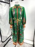 Autumn Printed Printed Long Sleeve Button Up Long Dress For Women