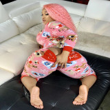 Autumn And Winter Women's Cartoon Pattern Printed Contrast Color Zipper Jumpsuit Home Pajamas