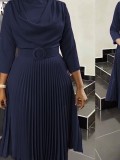 Autumn Women's Fashion African Plus Size Solid Color Pleated Dress