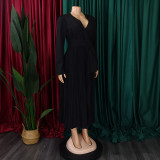 V-Neck Chic Elegant Slim Waist Belted Pleated High Waist Plus Size Dress