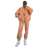 Women Autumn and Winter Solid Stand Collar Cardigan Long Sleeve Top and Casual Pants Two-piece Set