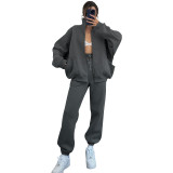 Women Autumn and Winter Solid Stand Collar Cardigan Long Sleeve Top and Casual Pants Two-piece Set