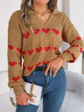 Women Fall/Winter Casual V-neck Balloon Sleeve Heart Print Sweater