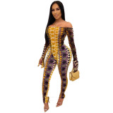 Women Long Sleeve Printed Bodysuit and Pant Two-piece Set