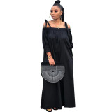 Women Casual Off Shoulder Lantern Sleeve Suspender Loose Wide Leg Jumpsuit