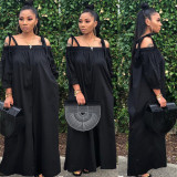 Women Casual Off Shoulder Lantern Sleeve Suspender Loose Wide Leg Jumpsuit