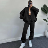 Women Autumn and Winter Solid Stand Collar Cardigan Long Sleeve Top and Casual Pants Two-piece Set