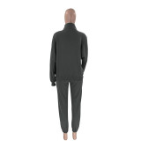 Women Autumn and Winter Solid Stand Collar Cardigan Long Sleeve Top and Casual Pants Two-piece Set