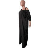 Women Casual Off Shoulder Lantern Sleeve Suspender Loose Wide Leg Jumpsuit