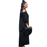 Women Casual Off Shoulder Lantern Sleeve Suspender Loose Wide Leg Jumpsuit