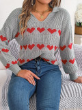 Women Fall/Winter Casual V-neck Balloon Sleeve Heart Print Sweater