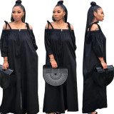Women Casual Off Shoulder Lantern Sleeve Suspender Loose Wide Leg Jumpsuit