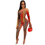 Women Long Sleeve Printed Bodysuit and Pant Two-piece Set